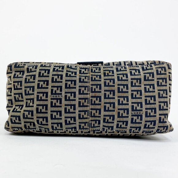 Authentic FENDI Mamma Zucca Bucket Baguette Navy Tan Flap Bag Purse Tote FF - Picture 7 of 13